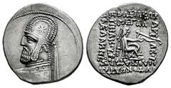 Greek Coins Kingdom of Parthia. Mithradates III. Drachm. 87-79 a.C. Ekbatana. (Sellwood-31.5 (Orodes I)). (Shore-122 (Orodes I)). Anv.: Bust to left, wearing tiara decorated with eight-rayed star. Rev