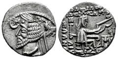 Greek Coins Kingdom of Parthia. Phraates IV. Drachm. 38-2 a.C. Mithradatkart. (Sellwood-54.8). (Shore-299). (Sunrise-396). Anv.: Diademed and draped bust to left, wart on forehead, wearing pointed bea