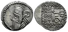 Greek Coins Kingdom of Parthia. Vologases IV. Drachm. 147-191 d.C. Ekbatana. (Sellwood-84.132). (Sunrise-452). Anv.: Bust to left with long beard, wearing tiara; three pendant ends to diadem. Rev.: Ar