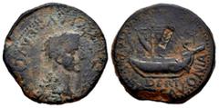 Celtiberian Coins Ilercavonia. Time of Tiberius. Unit. 14-36 AD. Tortosa (Tarragona). (Abh-1493). (Acip-3179). Anv.: (TI. CAESAR. DIVI.) AVG. AVGV(STVS). Laureate head of Tiberius right. Rev.: Ship, D