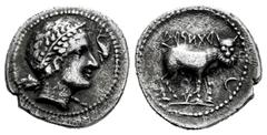 Celtiberian Coins Arse-Saguntum. Drachm. 300-200 BC. Sagunto (Valencia). (Abh-2027). (Acip-1963). (MIB-34/36). Anv.: Laureate head of Hercules right with club, dolphin before. Rev.: Androcephalous bul