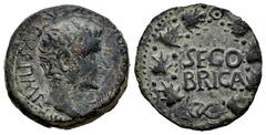 Celtiberian Coins Segobriga. Time of Tiberius. Half unit. 14-36 AD. Saelices (Cuenca). (Abh-2190). (Acip-3245). Anv.: TI. C(AESAR. DIVI. AVG. F). AVGVS. F. IMP. around bare head of Tiberius right. Rev
