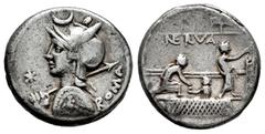 Roman Republican Licinius. P. Licinius Nerva. Denarius. 113-112 BC. Uncertain mint. (Ffc-802). (Craw-292/1). (Cal-888). Anv.: Diademed head of Roma left, holding spear and shield, X before, crescent a