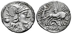 Roman Republican Pompeius. Sexergue Pompeius Fostulus. Denarius. 137 BC. Central Italy. (Ffc-1018). (Craw-235/1a). (Cal-1148). Anv.: Head of Roma right, X below chin, jug behind. Rev.: SEX. POM. FOSTL