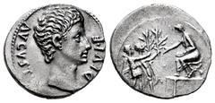 Roman Imperatorial Augustus. Denarius. 15-13 BC. Lugdunum. (Ffc-106). (Ric-165a). (Cal-836). Anv.: AVGVSTVS DIVI. F. bare head of Augustus right. Rev.: (IMP. X) in exergue, two soldiers each presentin