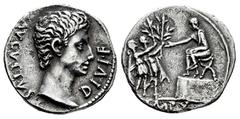 Roman Imperatorial Augustus. Denarius. 15-13 BC. Lugdunum. (Ffc-106). (Ric-165a). (Cal-836). Anv.: AVGVSTVS DIVI. F. bare head of Augustus right. Rev.: IMP. X in exergue, two soldiers each presenting 