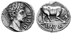 Roman Imperatorial Augustus. Denarius. 15-13 BC. Lugdunum. (Ffc-108). (Ric-167a). (Cal-826). Anv.: (AVGVSTVS) DIVI. F. bare head of Augustus right. Rev.: IMP. X. in exergue, bull butting right. Ag. 3,