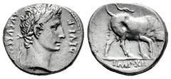 Roman Imperatorial Augustus. Denarius. 11-10 BC. Lugdunum. (Ffc-120). (Ric-187a). (Cal-839). Anv.: AVGVSTVS DIVI. F laureate head of Augustus right. Rev.: IMP. XII in exergue, bull butting right. Ag. 