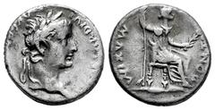 Roman Imperial Tiberius. Denarius. 14-37 d.C. Lugdunum. (Ric-30). (Seaby-16). Rev.: PONTIF MAXIM, female figure (Livia?) seated right on chair with ornamented legs, holding branch and inverted spear. 