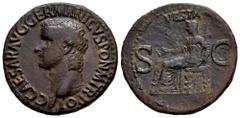 Roman Imperial Caligula. Unit. 37-38 d.C. Rome. (Ric-I 38). (Bmcre-46.1). Anv.: C CAESAR AVG GERMANICVS PON M TR POT. bare head of Caligula left. Rev.: VESTA. Vesta, veiled, seated left, patera in rig