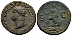 Roman Imperial Nero. Sestertius. 65 d.C. Rome. (Ric-I 274). (Bmcre-178). Anv.: NERO CLAVD CAESAR AVG GER P M TR P IMP P P, laureate head to left. Rev.: Roma seated to left on cuirass, holding Victory 