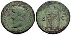 Roman Imperial Nero. Sestertius. 66 d.C. Rome. (Ric-500). Anv.: MP NERO CAESAR AVG PONT MAX TR POT P P. Laureate head to left. Rev.: Garlanded triumphal arch surmounted by statue of Emperor in facing 