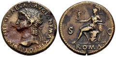 Roman Imperial Nero. Sestertius. 66 d.C. Lugdunum. (Ric-517). Anv.: IMP NERO CAESAR AVG PONT MAX TR POT PP. Laureate head left, globe at point of bust. Rev.: Roma seated left, holding Victory and para