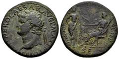 Roman Imperial Nero. Sestertius. 67 d.C. Lugdunum. (Ric-I 572). Anv.: IMP NERO CAESAR AVG P MAX TR POT P P, laureate head to left, globe at point of neck. Rev.: ANNONA A(VGVSTI) CERES, Annona standing