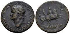 Roman Imperial Nero. Sestertius. 67 d.C. Rome. (Ric-580). (C-87 var.). Anv.: IMP NERO CAESAR AVG P MAX TR P P P, laureate bust left, globe at point. Rev.: DECVRSIO, Nero on horse prancing to right, we