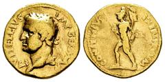 Roman Imperial Vitellius. Aureus. 69 d.C. Tarraco. (Ric-22). (Cal-544). Anv.: A VITELLIVS IMP GERMAN. Laureate head left, globe at point of neck. Rev.: CONSENSVS EXERCITVVM. Mars advancing left, holdi