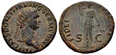 Roman Imperial Domitian. Dupondius. 85 d.C. Rome. (Ric-II 1.289). (Bmcre-306). Anv.: IMP CAES DOMITIAN AVG GERM COS XI, radiate head to right, aegis on far shoulder. Rev.: FIDEI PVBLICAE, Fides standi