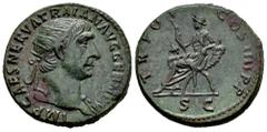 Roman Imperial Trajan. Dupondius. 99-100 d.C. Rome. (Ric-II 428). (Bmcre-748). (C-639). Anv.: IMP CAES NERVA TRAIAN AVG GERM P M, radiate head to right. Rev.: TR POT COS IIII P P, Abundantia seated to
