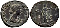 Roman Imperial Faustina Junior. Sestertius. 147-175 d.C. Rome. (Ric-1654). (Bmcre-924). (C-149). Anv.: FAVSTINA AVGVSTA. Draped bust right. Rev.: LAETITIA. Laetitia standing left, holding wreath and s