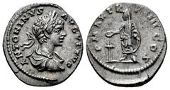 Roman Imperial Caracalla. Denarius. 201 d.C. Laodicea. (Ric-344). (Bmc-727). (C-183). Anv.: ANTONINVS AVGVSTVS. Laureate, draped and cuirassed bust right. Rev.: P MAX TR P IIII COS. Caracalla standing