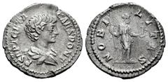 Roman Imperial Geta. Denarius. 200-202 d.C. Rome. (Ric-IV 13a). (Bmcre-223). (Rsc-90). Anv.: P SEPT GETA CAES PONT, bare-headed and draped bust to right. Rev.: NOBILITAS, Nobilitas standing facing, he