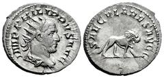 Roman Imperial Philip I. Antoninianus. 248 d.C. Rome. (Ric-IV 12). (Rsc-173). Anv.: IMP PHILIPPVS AVG, radiate, draped and cuirassed bust to right. Rev.: SAECVLARES AVGG, lion walking to right; I in e