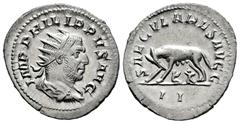 Roman Imperial Philip I. Antoninianus. 248 d.C. Rome. (Ric-IV 15). (Rsc-178). Anv.: IMP PHILIPPVS AVG, radiate, draped and cuirassed bust to right. Rev.: SAECVLARES AVGG, she-wolf standing to left, su