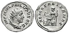 Roman Imperial Philip I. Antoninianus. 244-247 d.C. Rome. (Ric-IV 44b). (Rsc-169). Anv.: IMP M IVL PHILIPPVS AVG, radiate, draped and cuirassed bust to right. Rev.: ROMAE AETERNAE, Roma seated to left