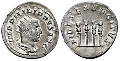 Roman Imperial Philip I. Antoninianus. 247-249 d.C. Rome. (Ric-IV 62). (Seaby-50). Anv.: IMP PHILIPPVS AVG. Radiate, draped and cuirassed bust to right. Rev.: FIDES EXERCITVS. Four standards. Ag. 3,44
