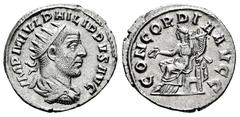 Roman Imperial Philip I. Antoninianus. 247-248 d.C. Antioch. (Ric-IV 106). (Rsc-35). Anv.: IMP M IVL PHILIPPVS AVG Radiate, draped and cuirassed bust to right. Rev.: CONCORDIA AVGG Concordia seated le