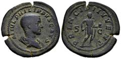 Roman Imperial Philip II. Sestertius. 244-246 d.C. Rome. (Ric-IV 255a). (C-55). Anv.: M IVL PHILIPPVS CAES, bare-headed and draped bust to right. Rev.: PRINCIPI IVVENT, Prince standing to right, holdi