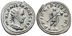 Roman Imperial Philip II. Antoninianus. 244-246 d.C. Rome. (Ric-IV 216c). (Rsc-54). Anv.: M IVL PHILIPPVS CAES, radiate, draped and cuirassed bust to right. Rev.: PRINCIPI IVVENT, Prince, in military 