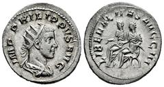 Roman Imperial Philip II. Antoninianus. 247-249 d.C. Rome. (Ric-IV 230). (Rsc-17). Anv.: IMP PHILIPPVS AVG, radiate, draped and cuirassed bust to right. Rev.: LIBERALITAS AVGG III, Emperors seated to 