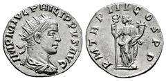 Roman Imperial Philip II. Antoninianus. 247 d.C. Antioch. (Ric-No cita). (Rsc-No cita). Anv.: IMP M IVL PHILIPPVS AVG Radiate, draped and cuirassed bust to right. Rev.: P M TR P III COS P P Felicitas 