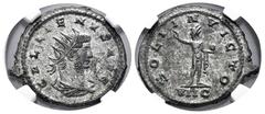 Roman Imperial Gallienus. Antoninianus. 253-268 AD. Antioch. (Ric-620). Anv.: GALLIENVS AVG, radiate, draped, and cuirassed bust of Gallienus right, seen from behind. Rev.: SOLI-INVICTO, Sol standing 