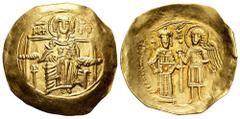 Byzantine Empire Isaac II Angelus. Hyperpyron. 1185-1195 d.C. Constantinople. (Sear-2001). Anv.: The Virgin Mary seated facing on throne, holding nimbate bust of Holy Infant on breast. Rev.: Isaac, ho