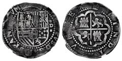 Philip II (1556-1598) Philip II (1556-1598). 4 reales. ND (1577-1588). Lima. D (Diego de la Torre). (Cal-502). Ag. 12,86 g. 4/P - C/* on the sides of the shield. Plugged hole. Rare. Slabbed by NGC as 