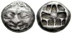 Greek Coins Mysia. Parion. Drachm. 550-520 BC. (Traité-II 1, 651, pl. XVI, 22). (Sng Cop-256). (SNG BnF-1347). Anv.: Facing head of gorgoneion with open mouth and protruding tongue. Rev.: Irregular in