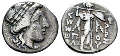 Greek Coins Thessaly. Thessalian League. Drachm. 150-100 BC. Gauana and Poly– magistrates. (Bcd-Thessaly II 819). (Hgc-4,213). Anv.: Laureate head of Apollo right; (ΓΑ)ΥΑΝΑ to left. Rev.: Athena Itoni
