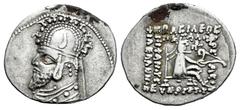 Greek Coins Kingdom of Parthia. Phraates III. Drachm. 70-57 BC. (Sellwood-39.4). Anv.: Bust left, wearing tiara decorated with horn and stags. Rev.: Archer (Arsakes I) seated right on throne, holding 