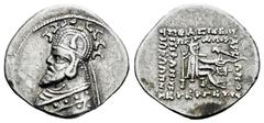 Greek Coins Kingdom of Parthia. Phraates III. Drachm. 70-57 BC. (Sellwood-39.6). Anv.: Bust left, wearing tiara decorated with horn and stags. Rev.: Archer (Arsakes I.) seated right on throne, holding