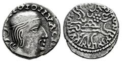 Greek Coins Western Kshatrapas. Rudrasena I (199-222 CE/121-144 SE). Drachm. SE 137. (Fishman-13.2a.137). Anv.: Bust of king facing right, date behind. Rev.: A three-arched hill with wavy river line b