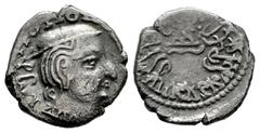 Greek Coins Western Kshatrapas. Vijayasena (161-173 CE). Drachm. SE 163. (Fishman-23.3.163). Anv.: Bust of king facing right, date behind. Rev.: A three-arched hill with wavy river line below, crescen