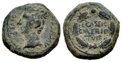 Celtiberian Coins Caesaraugusta. Augustus period. Quadrans. 27 BC-14 AD. Zaragoza. (Abh-338). (Acip-3036). Anv.: AVGVSTVS. DIVI. F. Bare head of Augustus left. Rev.: L. CASSIO. C. VALERIO. II. VIR wit