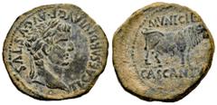 Celtiberian Coins Cascantum. Time of Tiberius. Unit. 14-36 BC. Cascante (Navarra). (Abh-690). (Acip-3159). Anv.: TI. CAESAR. DIVI. AVG. F. AVGVSTVS. Laureate head of Tiberius right. Rev.: Bull right, 