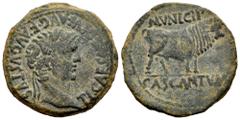 Celtiberian Coins Cascantum. Time of Tiberius. Unit. 14-36 d.C. Cascante (Navarra). (Abh-691). (Acip-3157). Anv.: TI. CAESAR. DIVI. AVG. F. AVGVSTVS. Laureate head of Tiberius right. Rev.: Bull right,
