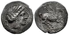 Celtiberian Coins Emporiton-Emporion. Drachm. Century III-II BC. Ampurias (Girona). (Abh-1139). (Acip-294). (MIB-3/024, Plate Coin). Anv.: Female head right, three dolphins around. Rev.: Pegasus, with