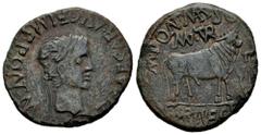 Celtiberian Coins Turiaso. Augustus period. Unit. 27 BC - 14 AD. Tarazona (Zaragoza). (Abh-2450). Anv.: TI. CAESAR. AVG F. IMP. PONT. M. around laureate head of Tiberius right. Rev.: Bull right, M. PO