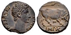 Roman Imperatorial Augustus. Denarius. 15-13 BC. Lugdunum. (Ffc-108). (Ric-167a). (Cal-826). Anv.: AVGVSTVS DIVI. F. bare head of Augustus right. Rev.: IMP. X. in exergue, bull butting right. Ag. 3,59