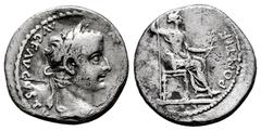 Roman Imperial Tiberius. Denarius. 14-37 AD. Lugdunum. (Ric-I 30). (Bmcre-48). (Rsc-16a). Anv.: (TI CAESAR DI)VI AVG F AVGVSTV(S). laureate head to right. Rev.: PONTIF (MAXIM). Livia, as Pax, seated t